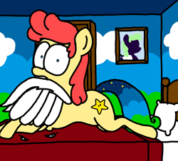 Size: 3351x3023 | Tagged: safe, artist:professorventurer, oc, oc:power star, pegasus, pony, bed, feather, female, fluffy, grooming, high res, looking at you, mare, pillow, preening, rule 85, super mario 64, super mario bros., wardrobe, wings