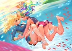 Size: 3508x2480 | Tagged: safe, artist:卯卯七, applejack, rainbow dash, fish, equestria girls, g4, barefoot, breasts, bubble, busty applejack, clothes, duo, feet, female, high res, holding breath, holding hands, human coloration, lesbian, looking at each other, looking at someone, ship:appledash, shipping, swimming, swimsuit, underwater, water
