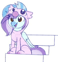 Size: 2032x2160 | Tagged: safe, artist:lbrcloud, silverstream, oc, oc:ocean breeze (savygriffs), classical hippogriff, hippogriff, g4, clothes, high res, hippogriff oc, hoodie, onesie, simple background, sitting, sketch, solo, stairs, white background