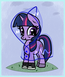 Size: 1700x2000 | Tagged: safe, artist:scandianon, twilight sparkle, pony, unicorn, g4, clothes, cloud, cute, female, looking at you, mare, outdoors, passepartout, poncho, rain, rain poncho, raincoat, shoes, smiling, smiling at you, solo, unicorn twilight
