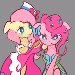 Size: 2480x2473 | Tagged: safe, artist:solid shrimp, fluttershy, pinkie pie, earth pony, pegasus, pony, g4, blush lines, blushing, clothes, clothes swap, dress, duo, female, floppy ears, flower, flower in hair, gala dress, gray background, high res, looking at you, mare, pinktober, simple background, smiling, smiling at you