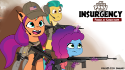 Size: 1920x1080 | Tagged: safe, artist:edy_january, artist:prixy05, hitch trailblazer, misty brightdawn, sunny starscout, earth pony, pony, unicorn, g5, my little pony: tell your tale, ak-74, ak-74m, armor, assault rifle, battle rifle, beretta, beretta 90 two, body armor, clothes, delta team, equipment, g3a3, gears, gun, handgun, hat, insurgency: sandstorm, military, military pony, military uniform, mp7, parody, pistol, radio, rebirth misty, reference, rifle, simple background, soldier, soldier pony, steam (software), submachinegun, tactical squad, tactical vest, trio, uniform, us army, usp, usp45, vest, wallpaper, weapon