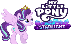 Size: 1123x691 | Tagged: safe, artist:littlewingedkuriboh, editor:incredibubbleirishguy, starlight glimmer, alicorn, pony, g4, g5, my little pony: make your mark, my little pony: make your mark chapter 6, secrets of starlight, spoiler:g5, spoiler:my little pony: make your mark chapter 6, spoiler:mymc06e04, alicornified, female, mare, my little pony logo, race swap, raised hoof, simple background, solo, spread wings, starlicorn, title card, transparent background, wings, xk-class end-of-the-world scenario