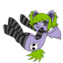 Size: 1300x1300 | Tagged: safe, artist:sillybugdrawz, oc, oc only, oc:bug brainz, bat pony, bags under eyes, bracelet, clothes, collar, ear piercing, emo, eyelashes, eyeshadow, floating, jewelry, looking at you, makeup, nonbinary, one eye closed, piercing, pigtails, ponysona, pose, scemo, simple background, skull and crossbones, socks, solo, striped socks, thigh highs, tongue out, transparent background, wink, winking at you, x eyes