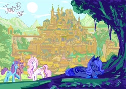 Size: 4096x2896 | Tagged: safe, artist:jowyb, princess celestia, princess luna, alicorn, earth pony, pony, g4, angry, city, female, looking back, lying down, mare, open mouth, open smile, past, pink-mane celestia, prone, s1 luna, scenery, shade, signature, smiling, tree, wip