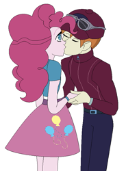 Size: 577x785 | Tagged: safe, artist:nathaniel718, coach rommel, pinkie pie, human, equestria girls, g4, anime style, cap, female, hat, holding hands, kissing, male, ship:rommelpie, shipping, simple background, white background