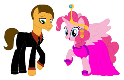 Size: 845x548 | Tagged: safe, artist:nathaniel718, cheese sandwich, pinkie pie, alicorn, earth pony, pony, g4, adventure time, business suit, cartoon network, clothes, cosplay, costume, crossover, crown, dress, ear piercing, earring, female, jewelry, male, mare, necktie, nergal, nergal and princess bubblegum, pants, piercing, princess bubblegum, regalia, ship:cheesepie, shipping, shoes, simple background, stallion, straight, the grim adventures of billy and mandy, white background