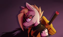 Size: 2400x1414 | Tagged: safe, artist:lockheart, oc, oc only, earth pony, pony, armor, bust, female, gradient background, greatsword, knight, lidded eyes, mare, scar, solo, sword, weapon