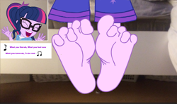 Size: 2896x1720 | Tagged: safe, artist:yungstuff, sci-twi, twilight sparkle, human, equestria girls, g4, barefoot, clothes, eyes closed, feet, fetish, foot fetish, foot focus, pajamas, singing, soles, toes, wiggling toes