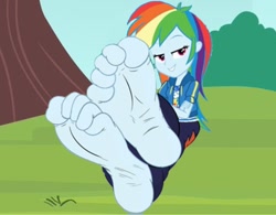 Size: 1134x884 | Tagged: safe, artist:yungstuff, rainbow dash, human, equestria girls, g4, barefoot, clothes, feet, fetish, foot fetish, foot focus, looking at you, park, singing, soles, solo, toes, wiggling toes