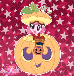 Size: 1253x1285 | Tagged: safe, artist:muhammad yunus, oc, oc only, oc:annisa trihapsari, earth pony, pony, g4, base used, clothes, costume, crossover, earth pony oc, female, generator rex, gloves, goggles, grin, halloween, halloween costume, happy, jacket, looking at you, mare, open mouth, open smile, pumpkin, pumpkin bucket, red background, rex salazar, simple background, smiling, smiling at you, solo, watermark