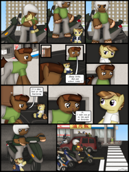 Size: 1750x2333 | Tagged: safe, artist:99999999000, oc, oc only, oc:zhang cathy, oc:zhang xiangfan, earth pony, pony, comic:grow with children, car, city, clothes, comic, couch, father, father and child, father and daughter, female, filly, foal, helmet, male, motorcycle, school uniform, scooter
