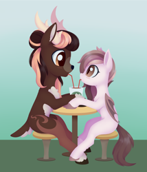Size: 2722x3173 | Tagged: safe, artist:dusthiel, oc, oc only, bat pony, deer, deer pony, hybrid, original species, pony, concave belly, duo, female, high res, mare, sitting
