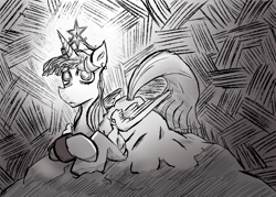 Size: 1120x800 | Tagged: safe, artist:tenrulle, twilight sparkle, alicorn, pony, g4, abstract background, big crown thingy, black and white, chained, chains, clothes, dress, element of magic, grayscale, jewelry, monochrome, regalia, sad, slay the princess, tired, twilight sparkle (alicorn)