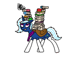 Size: 1000x750 | Tagged: safe, artist:professional horse, oc, oc only, oc:snowy smarty, pony, unicorn, balancing, book, bookhorse, clothes, female, ms paint, satchel, scarf, scroll, simple background, socks, solo, white background
