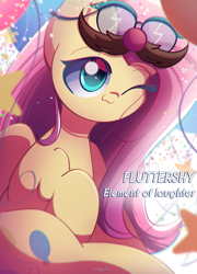 Size: 1800x2500 | Tagged: safe, artist:miryelis, fluttershy, pegasus, pony, g4, magical mystery cure, :3, balloon, big eyes, cute, female, long hair, mare, pinkie pie's cutie mark, shyabetes, simple background, smiling, solo, swapped cutie marks, text, white background