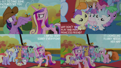 Size: 2000x1123 | Tagged: safe, edit, edited screencap, editor:quoterific, screencap, coconut palm, cranberry pit, cream puff, ginger tea, grape stem, lucky draw, opulence, princess cadance, princess flurry heart, stratus wind, sun cloche, twilight sparkle, alicorn, pony, g4, once upon a zeppelin, baby, baby pony, colored wings, concave belly, cowboy hat, creambetes, crown, cute, female, filly, flurrybetes, foal, folded wings, gingerbetes, gradient wings, grapebetes, hat, hoof shoes, jewelry, needs more jpeg, one wing out, peytral, pony pile, princess shoes, regalia, slender, thin, twilight sparkle (alicorn), wings