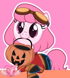 Size: 670x739 | Tagged: safe, artist:muhammad yunus, oc, oc only, oc:annisa trihapsari, earth pony, pony, series:the guardian of leadership, g4, base used, clothes, costume, crossover, cute, earth pony oc, female, generator rex, gloves, goggles, grin, halloween, halloween costume, happy, holiday, jacket, looking at you, mare, obtrusive watermark, ocbetes, open mouth, open smile, pink background, pumpkin bucket, rex salazar, simple background, smiling, smiling at you, solo, trick or treat, watermark