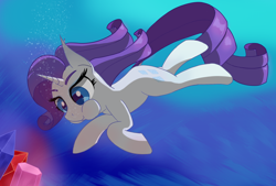 Size: 2834x1916 | Tagged: safe, artist:raritymylove, derpibooru exclusive, rarity, pony, unicorn, g4, blue eyes, blue mane, blue tail, bubble, crepuscular rays, digital art, eyelashes, eyeshadow, female, flowing mane, flowing tail, gem, glowing, high res, holding breath, horn, lidded eyes, makeup, mare, ocean, puffy cheeks, requested art, solo, sunlight, swimming, tail, underwater, water