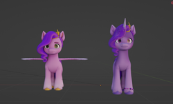Size: 1022x619 | Tagged: safe, izzy moonbow, pipp petals, pegasus, pony, unicorn, g5, spoiler:g5, 3d, alternate hairstyle, blender, bracelet, colored hooves, diadem, duo, duo female, female, friendship bracelet, gold hooves, headband, height difference, hooves, izzy is tol, jewelry, mane swap, mare, pipp is short, regalia, size difference, spread wings, standing, t pose, unshorn fetlocks, wings