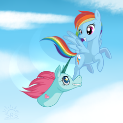 Size: 1500x1500 | Tagged: safe, artist:silentrosysunrise, rainbow dash, pegasus, pony, unicorn, g4, cloud, crossover, flying, grin, horn, multicolored hair, pegasus wings, pink mane, princess pony head, princess pony-head, racing, rainbow hair, sky, smiling, star vs the forces of evil, starry eyes, unicorn horn, wingding eyes, wings