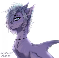 Size: 1280x1261 | Tagged: safe, artist:deyshi_doshirak, oc, original species, shark, shark pony, black sclera, bust, eyebrow piercing, eyebrows, fangs, fin piercing, fins, gills, hair over one eye, jewelry, looking at you, necklace, piercing, portrait, shark pony oc, slit pupils, solo