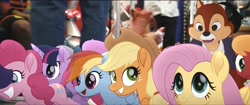 Size: 1920x806 | Tagged: safe, screencap, applejack, fluttershy, pinkie pie, rainbow dash, rarity, twilight sparkle, alicorn, earth pony, pegasus, pony, unicorn, g4, applejack's hat, cameo, chip and dale, chip and dale rescue rangers, cowboy hat, crossover, disney, disney+, female, grin, hat, male, mane six, mare, movie accurate, open mouth, open smile, riding a pony, smiling, twilight sparkle (alicorn)
