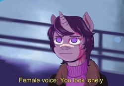 Size: 2048x1427 | Tagged: artist needed, source needed, safe, oc, oc only, oc:top clue, pony, unicorn, blade runner, blade runner 2049, blood, horn, looking at someone, meme, movie reference, solo, unicorn oc, you look lonely