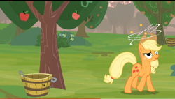 Size: 716x406 | Tagged: safe, artist:brutalweather studio, applejack, earth pony, pony, wrong apple tree, g4, apple, apple tree, applejack's hat, bucket, circling stars, cowboy hat, derp, dizzy, female, flower, food, hat, tree