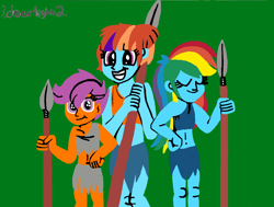 Size: 1280x970 | Tagged: safe, artist:tcr11050, rainbow dash, scootaloo, windy whistles, human, equestria girls, g4, adopted, adopted offspring, eyes closed, female, green background, grin, humanized, jungle girl, mother and child, mother and daughter, parent:windy whistles, prehistoric, scootadoption, siblings, simple background, sisters, smiling, spear, weapon