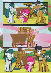 Size: 1920x2715 | Tagged: safe, artist:alexdti, cloudy quartz, igneous rock pie, pinkie pie, earth pony, pony, comic:how we met, g4, cart, dialogue, female, filly, filly pinkie pie, foal, male, pinkie being pinkie, speech bubble, younger