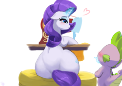 Size: 1130x800 | Tagged: safe, artist:dulldi, rarity, spike, dragon, pony, unicorn, g4, blushing, butt, duo, female, heart, male, mare, plot, rearity, sewing machine, ship:sparity, shipping, simple background, straight, white background, wide hips