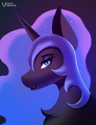 Size: 1640x2124 | Tagged: safe, artist:delta hronum, nightmare moon, alicorn, pony, g4, antagonist, big ears, blue eyes, blue mane, bust, chest fluff, commission, crepuscular rays, curved horn, digital art, ethereal mane, eyeshadow, fangs, feather, female, flowing mane, horn, lidded eyes, looking at you, makeup, mare, moonlight, night, portrait, smiling, smiling at you, smug, solo, sparkles, starry mane, starry night, stars, teeth, villainess