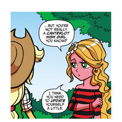 Size: 1080x1080 | Tagged: safe, idw, official comic, applejack, sunflower (g4), human, equestria girls, g4, spoiler:comic, 2013, antagonist, comic, flower, sunflower