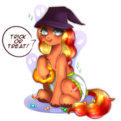Size: 2048x2048 | Tagged: safe, artist:vaiola, oc, oc only, oc:hazy days, ghost, pony, undead, big eyes, candy, chest fluff, clothes, commission, costume, cute, diaper, diaper fetish, fetish, food, full body, halloween, halloween costume, happy, hat, high res, holiday, jack-o-lantern, long mane, looking at you, non-baby in diaper, open mouth, poofy diaper, pumpkin, shadow, simple background, solo, sparkles, speech bubble, text, trick or treat, white background, witch hat, ych result