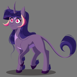 Size: 1920x1920 | Tagged: safe, alternate version, artist:cartoonssams, twilight sparkle, classical unicorn, pony, unicorn, g4, alternate design, alternate hairstyle, blaze (coat marking), cloven hooves, coat markings, curved horn, eyebrows, eyelashes, facial markings, female, fetlock tuft, gray background, horn, leonine tail, mare, no pupils, pale belly, redesign, simple background, solo, star (coat marking), tail, unicorn horn, unicorn twilight, unshorn fetlocks
