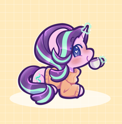 Size: 1849x1874 | Tagged: safe, artist:typhwosion, starlight glimmer, pony, unicorn, g4, blushing, chibi, clothes, cup, female, heart, heart eyes, mare, patterned background, solo, sweater, teacup, wingding eyes