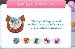 Size: 1194x776 | Tagged: safe, gameloft, screencap, amethyst maresbury, crystal pony, pony, g4, my little pony: magic princess, official, age, album, bio, bow, coin, crystal, crystal empire, crystal librarian, description, elder, elderly, english, female, game screencap, gem, glasses, grin, hat, introduction card, librarian, lucky coin, lucky coins, mare, mobile game, name, old, skill, smiling, solo, spool, stars, text, twine, wheel, x