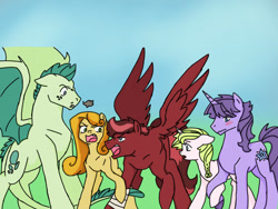 Size: 1024x768 | Tagged: safe, artist:kianamai, artist:nightshadetheranger, oc, oc only, oc:amber lily, oc:anthea, oc:hot head, oc:lucky star, oc:turquoise blitz, dracony, dragon, earth pony, hybrid, pegasus, pony, unicorn, kilalaverse, adopted offspring, angry, bandage, blushing, braid, colored, female, interspecies offspring, male, mare, next generation, offspring, parent:fluttershy, parent:oc:azalea, parent:oc:berry vine, parent:oc:candle wick, parent:oc:day dream, parent:oc:flashpoint, parent:oc:fortune hunter, parent:oc:herb, parent:oc:isis quartz, parent:rarity, parent:spike, parents:oc x oc, parents:sparity, snorting, stallion, surprised