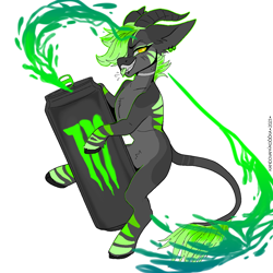 Size: 1200x1200 | Tagged: safe, artist:kandovanykocicka, oc, oc only, earth pony, kirin, pony, :p, choker, cloven hooves, drink, ear piercing, energy drink, gray, green hair, horns, monster energy, neon, piercing, sharp teeth, short hair, simple background, soda, soda can, solo, spilled drink, splash, stripes, teeth, tongue out, white background, yellow eyes
