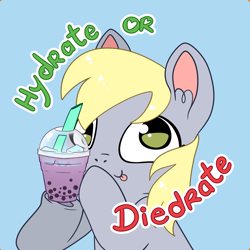 Size: 3319x3319 | Tagged: safe, artist:cutepencilcase, part of a set, derpy hooves, pegasus, pony, g4, blue background, bubble tea, bust, caption, drink, high res, hoof hold, portrait, simple background, smiling, solo, text, tongue out