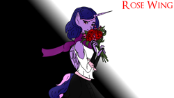 Size: 1920x1080 | Tagged: safe, artist:reaver arklight, oc, oc only, oc:rose petal, oc:rose wing, alicorn, anthro, alicorn oc, anthro oc, avatar, clothes, female, flower, folded wings, gradient background, horn, mare, rose, solo, wings