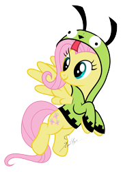 Size: 4000x5563 | Tagged: safe, artist:kaitykat117, fluttershy, pegasus, pony, antonymph, cutiemarks (and the things that bind us), vylet pony, g4, base used, clothes, fluttgirshy, flying, gir, hoodie, invader zim, raised hoof, simple background, solo, transparent background, vector