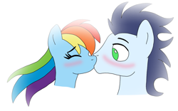 Size: 1151x720 | Tagged: safe, artist:dasher666, artist:olyollyoxenfree, edit, rainbow dash, soarin', pegasus, pony, g4, female, kiss on the lips, kissing, male, mare, ship:soarindash, shipping, simple background, stallion, straight, white background