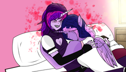 Size: 1900x1080 | Tagged: safe, artist:reaver arklight, twilight sparkle, oc, oc:rose petal, alicorn, anthro, g4, alicorn oc, anthro oc, bed, bedroom, blushing, canon x oc, crying, cuddling, cuddling in bed, cute, duo, female, folded wings, heart, heart shaped boob window, horn, in bed, lesbian, love, shipping, tears of joy, twilight sparkle (alicorn), wings