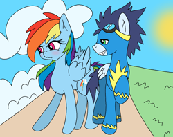 Size: 910x720 | Tagged: safe, artist:dasher666, artist:doubt, edit, rainbow dash, soarin', pegasus, pony, g4, female, male, mare, ship:soarindash, shipping, stallion, straight, sun, tsunderainbow, tsundere