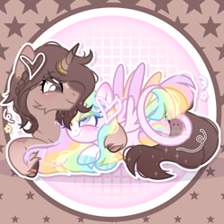 Size: 3310x3310 | Tagged: safe, artist:star.fawns, oc, oc only, oc:aurora daydream, oc:butterscotch brandy, pegasus, pony, unicorn, base used, blaze (coat marking), blue eyes, blush lines, blushing, brown background, brown eyes, cheek fluff, closed mouth, coat markings, colored eyelashes, colored hooves, colored pupils, couple, cuddling, duo, ear piercing, earring, facial markings, freckles, gradient horn, gradient legs, gradient mane, gradient tail, grid, high res, hoof polish, horn, horn ring, jewelry, leonine tail, lightly watermarked, looking at each other, looking at someone, mealy mouth (coat marking), multicolored hair, oc x oc, pegasus oc, piercing, purple eyes, rainbow hair, ring, romantic, shipping, smiling, sparkly mane, sparkly tail, star (coat marking), stars, tail, unicorn oc, watermark