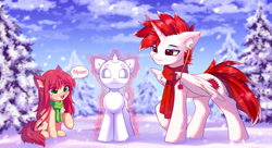 Size: 2208x1200 | Tagged: safe, artist:airiniblock, oc, oc only, oc:airi, oc:ryoku memori, alicorn, bat pony, pony, rcf community, bat pony oc, chest fluff, clothes, dress, duo, ear fluff, snow, snowfall, snowpony, tree, wings