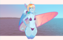 Size: 1816x1172 | Tagged: safe, artist:mooons, rainbow dash, pegasus, anthro, g4, :p, bikini, blushing, chest fluff, clothes, colored wings, countershading, cute, cute little fangs, ear fluff, eyebrows, eyebrows visible through hair, fangs, fluffy, hand on hip, looking at you, raspberry, real life background, shoulder fluff, solo, surfboard, swimsuit, tongue out, two toned wings, wings
