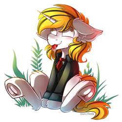 Size: 1880x1880 | Tagged: safe, artist:yuris, oc, oc only, oc:srok, pony, unicorn, commission, floppy ears, frog (hoof), reaction image, simple background, sitting, solo, underhoof, white background